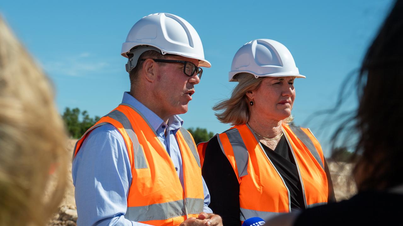 Solomon MP Luke Gosling and Chief Minister Eva Lawler announcing US company Pearlson had been awarded a $48m ship lift construction contract. Picture: Pema Tamang Pakhrin