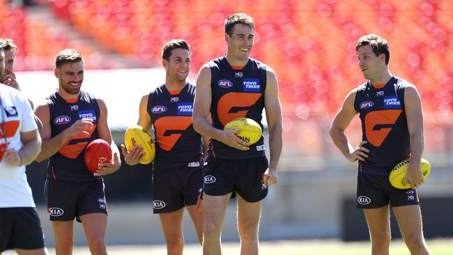 Giants players Stephen Coniglio, Josh Kelly, Jeremy Cameron and Toby Greene at training. Picture. Phil Hillyard