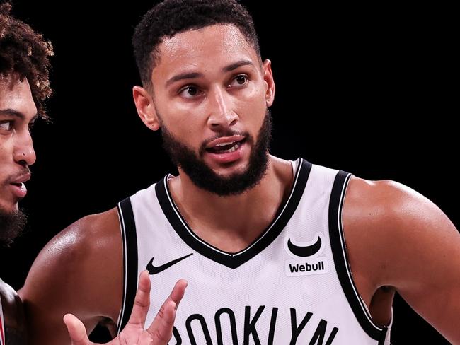 NEW YORK, NEW YORK - OCTOBER 16: Ben Simmons #10 of the Brooklyn Nets speaks with Kelly Oubre Jr. #9 of the Philadelphia 76ers during the second quarter of the preseason game at Barclays Center on October 16, 2023 in New York City. NOTE TO USER: User expressly acknowledges and agrees that, by downloading and or using this photograph, User is consenting to the terms and conditions of the Getty Images License Agreement. (Photo by Dustin Satloff/Getty Images)