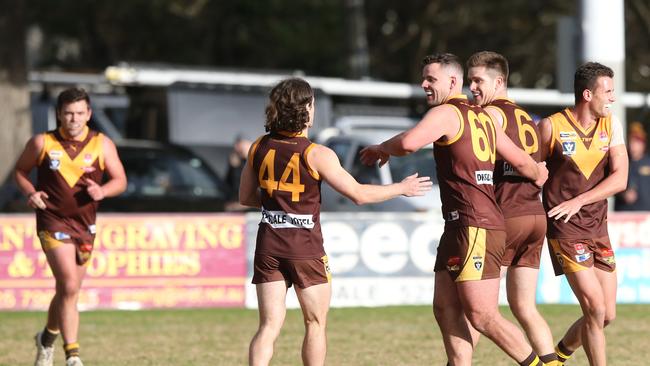 Drysdale celebrate a James Breust goal. BFL: Drysdale v Queenscliff. Picture: Alan Barber