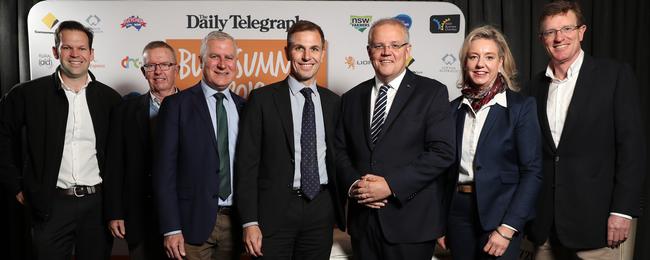 Senator Matthew Canavan, Parkes MP Mark Coulton, Deputy Prime Minister Michael McCormack, The Daily Telegraph editor Ben English, Prime Minister Scott Morrison, Agriculture Minister Bridget McKenzie and Calare MP Andrew Gee at The Daily Telegraph Bush Summit. Picture: Jonathan Ng