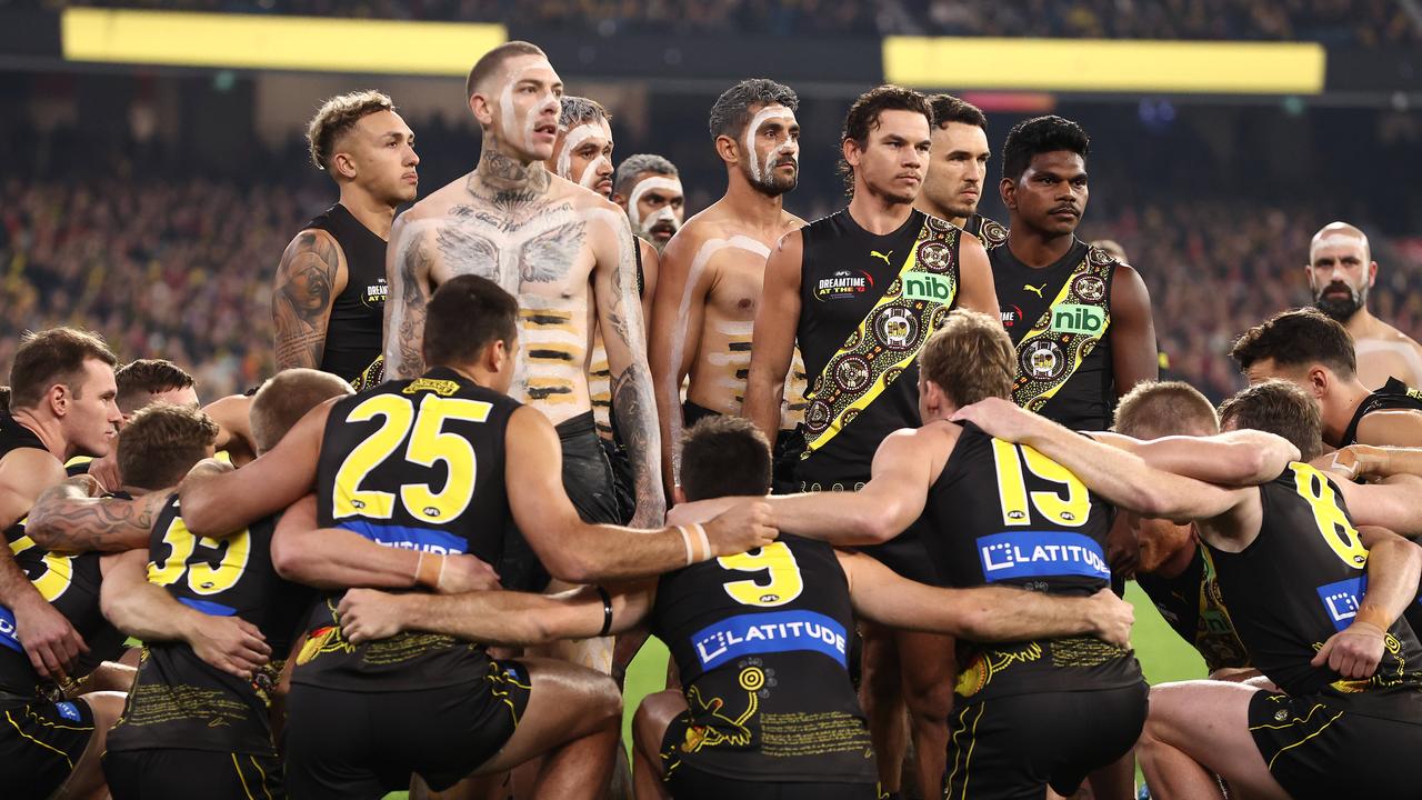 Richmond players during the war cry dance. Picture: Michael Klein