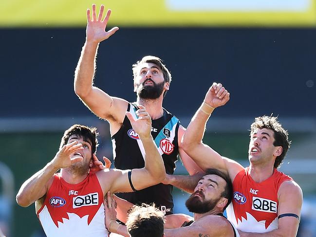 Justin Westhoff during Port’s Round 14 win over Sydney at Adelaide Oval on August 29. Picture: Mark Brake/Getty Images