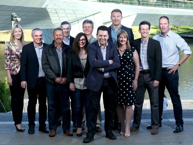 SA Senator Nick Xenophon on Adelaide Oval footbridge with his SA candidates (left to right): Skye Kakoschke-Moore (Senate), Stirling Griff (Senate), Michael Slattery (Port Adelaide), Joe Hill (Adelaide), Karen Hockley (Boothby), Damian Carey (Kingston), Daniel Kirk (Hindmarsh) Rebekha Sharkie (Mayo), Craig Bossie (Makin), Matthew Wright (Sturt). Picture: Tait Schmaal