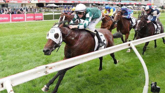 Growing Empire ridden by Ethan Brown wins the Xtreme Freight Valley Pearl at Moonee Valley Racecourse on March 23, 2024 in Moonee Ponds, Australia. (Photo by George Sal/Racing Photos)