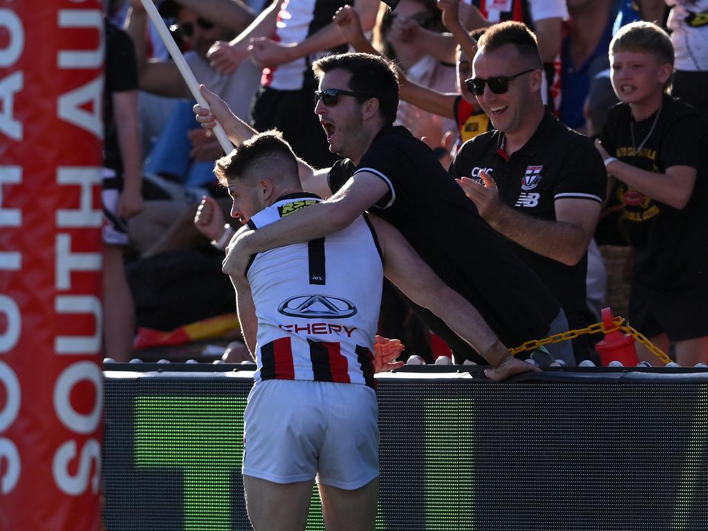 Jack Higgins feeling the love of the crowd against his old side at Norwood Oval. Picture: Mark Brake/Getty Images.