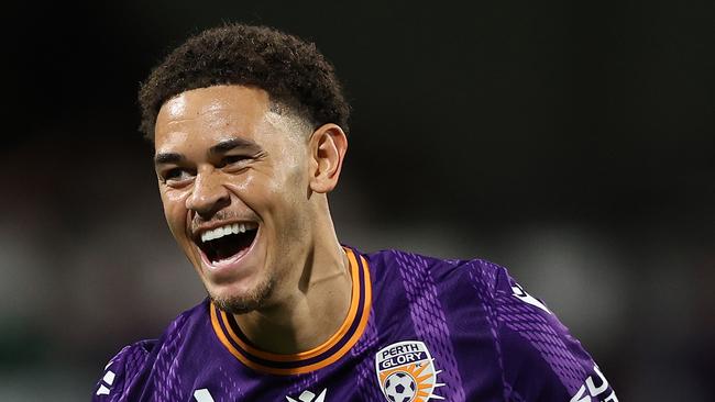 Luke Amos of the Glory celebrates his goal against Brisbane. Photo by Paul Kane/Getty Images