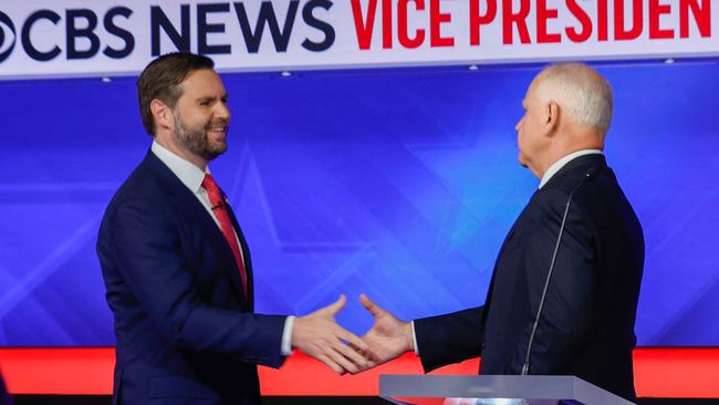 Vance and Walz shake hands after the debate. Picture: Getty Images