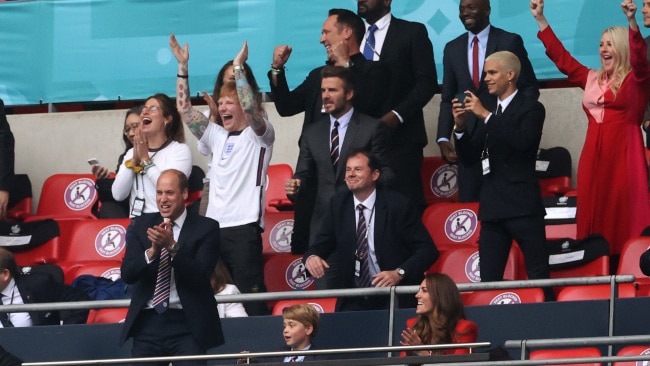 The royals are seen celebrating in front of pop star Ed Sheeran and former English footballer David Beckham during the clash on Tuesday. Photo by Carl Recine - Pool/Getty Images