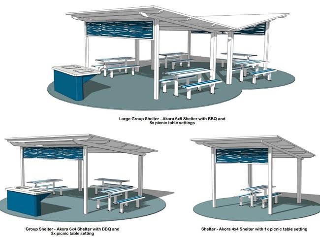 The plan includes locations for new and refurbished shelters throughout the park including large group shelters providing shade for four picnic tables.