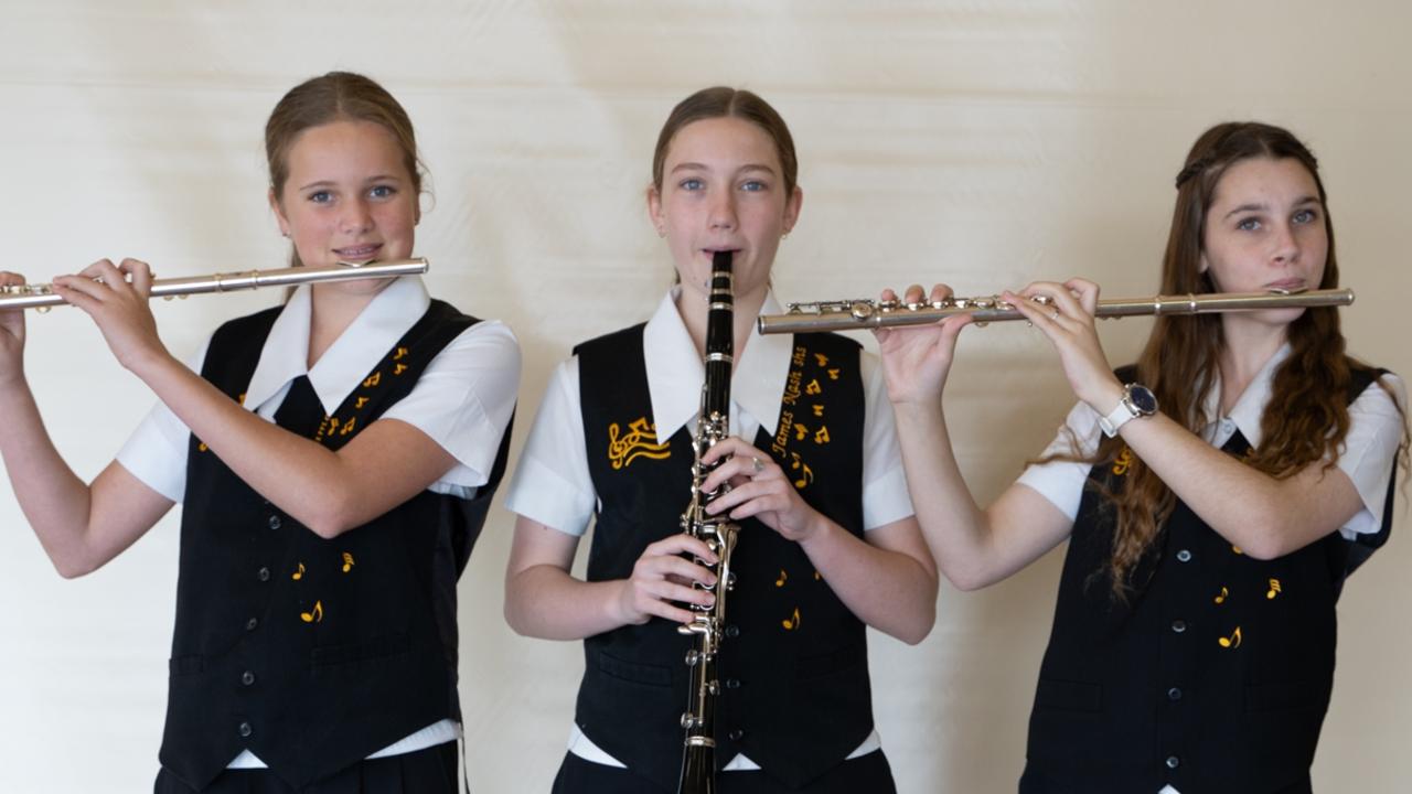 Abigail Morrison, Rae-leigh Weber, Rani Chandler Marchella Kendall and Florence Penny from the James Nash State High School Concert Band at the Gympie Eisteddfod. July 31, 2023. Picture: Christine Schindler