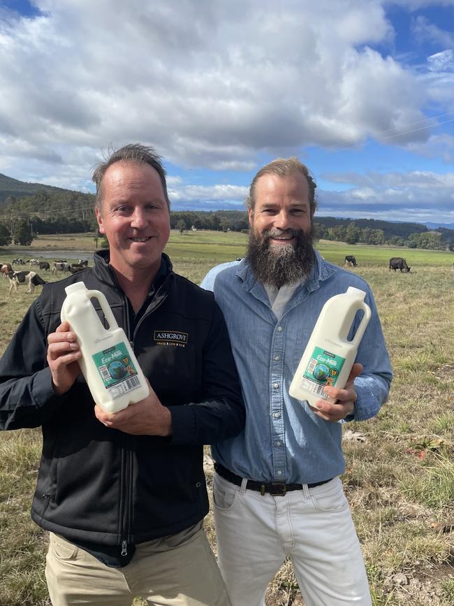 Ashgrove general manager Richard Bennett and Sea Forest founder and CEO Sam Elsom with the new Ashgrove Eco-Milk.