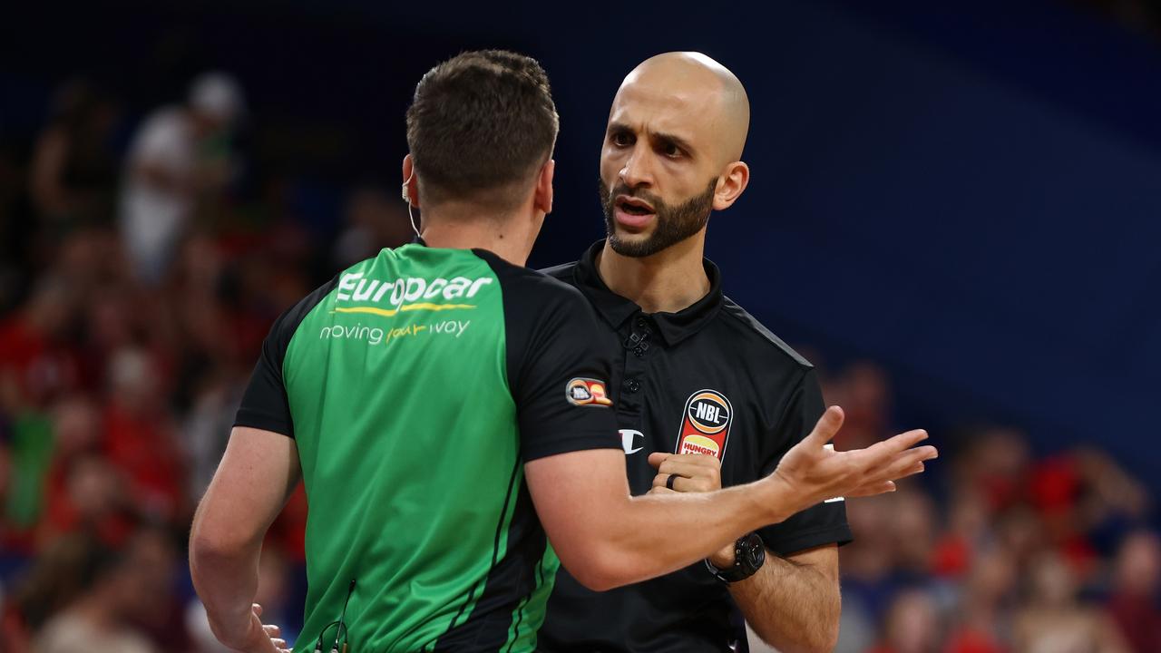 Sydney Kings head coach Mahmoud Abdelfattah speaks with the referee. Picture: Getty