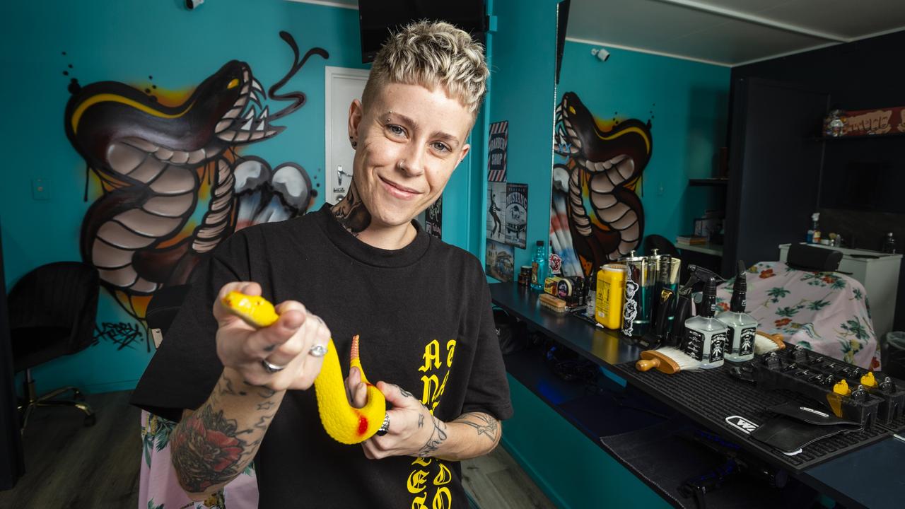 Rattlesnake Barbershop owner Sez Holborow in the West St shop, Monday, March 7, 2022. Picture: Kevin Farmer