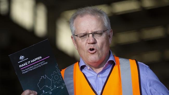 The Prime Minister Scott Morrison addressees a press conference at Neumann Steel on the Gold Coast. Picture: NCA NewsWire / Sarah Marshall