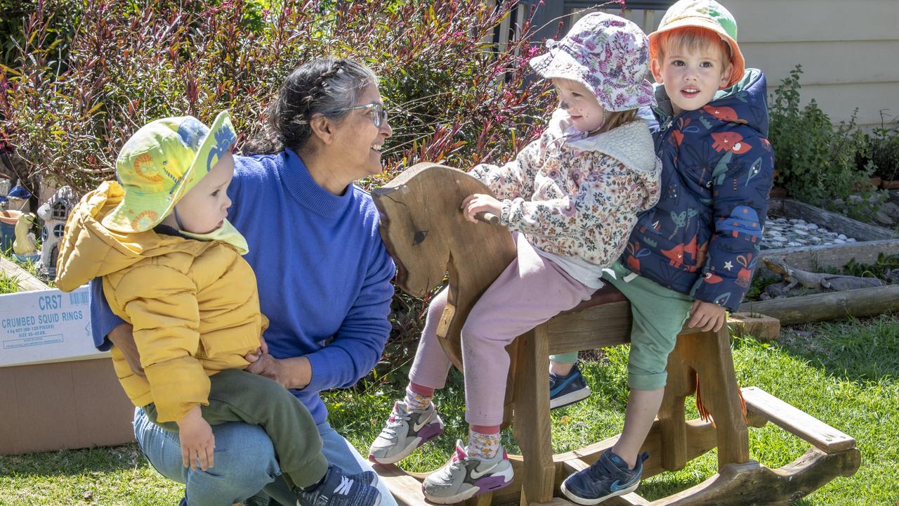 (From left) Scott Paterson, Georgette Ahfock, Darcy Stepanoff and Elijah Usher. Georgette Ahfock is recognised for her commitment to excellence in early childhood education and care. Picture: Nev Madsen.