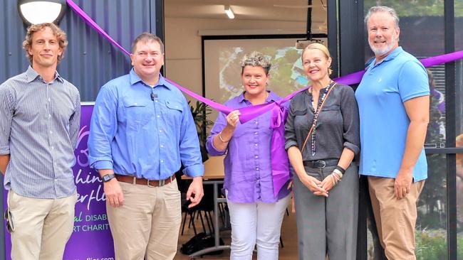 TOD engineering's Hamish Gray, MP Llew O'Brien, Sunshine Butterflies founder Leanne Walsh, Member for Noosa Sandy Bolton and planning consultant Russell Green celebrating the training room launch.