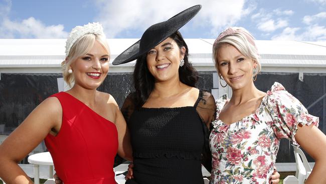 All the action from the Launceston Cup at the Mowbray Racecourse. Courtney Harwood, Jameeka Garwood and Sarah Kempnich. Picture: Zak Simmonds