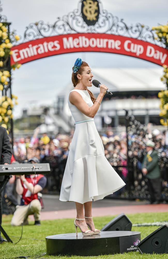 Jemma Rix performing the National Anthem at the 2014 Melbourne Cup. Picture: Jason Edwards.