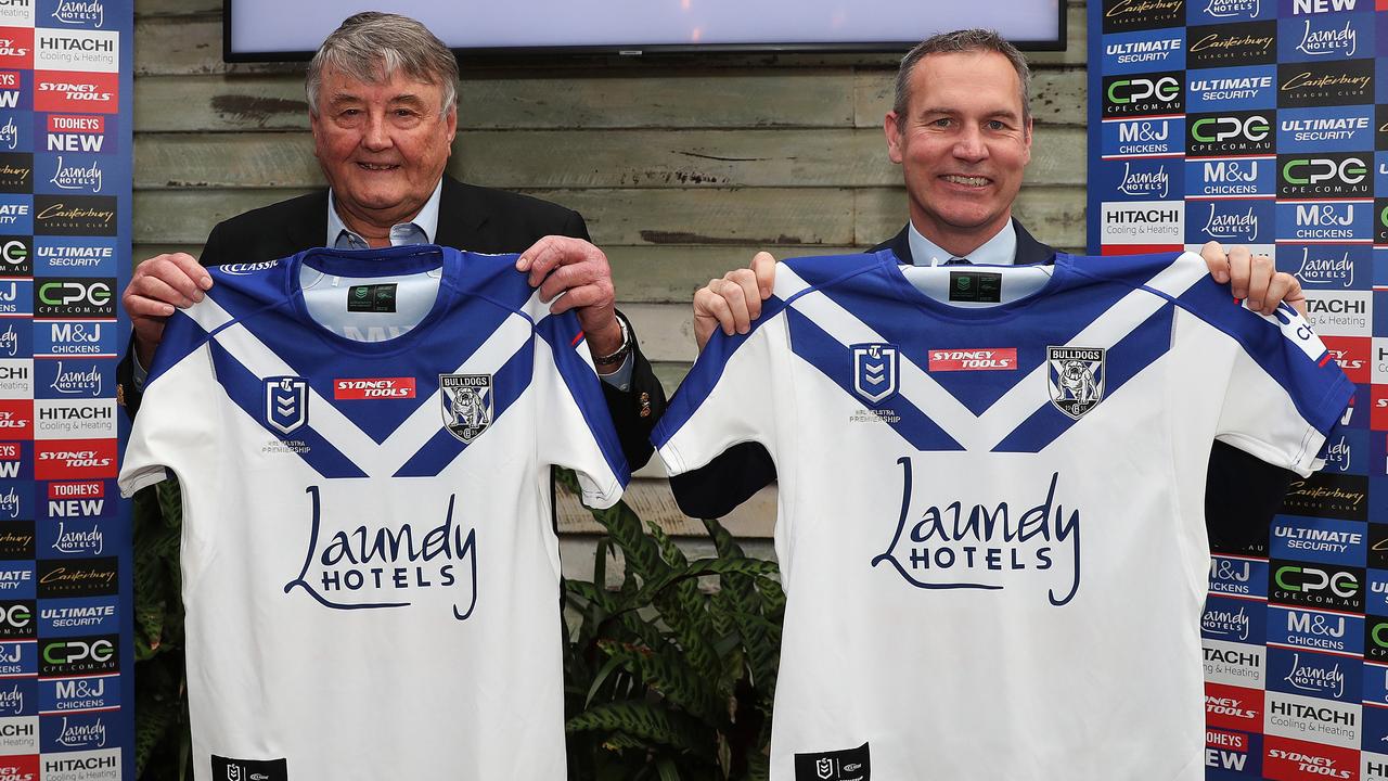 Canterbury Bulldogs sponsor launch with chief executive Andrew Hill at the Twin Willows Hotel, Bass Hill. Andrew holds the new Bulldogs jersey with Laundy Hotels owner Arthur Laundy. Picture: Brett Costello