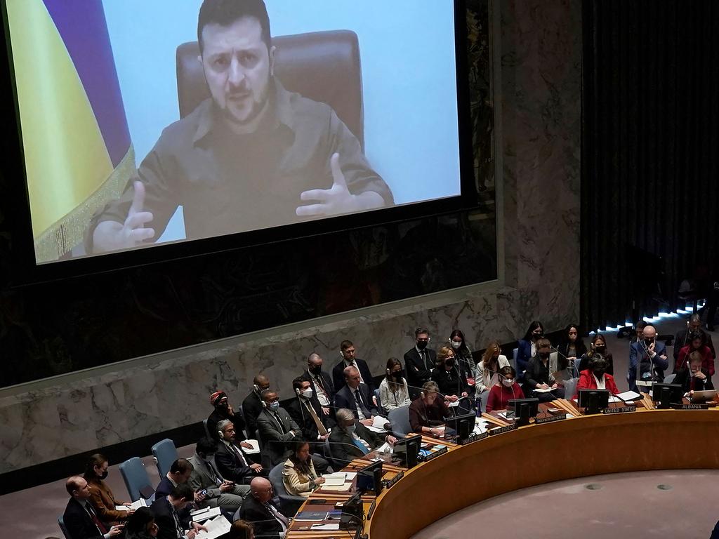 President Volodymyr Zelenskyy of Ukraine addresses a meeting of the United Nations Security Council in New York City. Picture: AFP