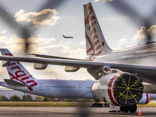 5th August 2020.Virgin Australia wide-body aircrafts are seen grounded at the Brisbane Airport.Photo: Glenn Hunt / The Australian