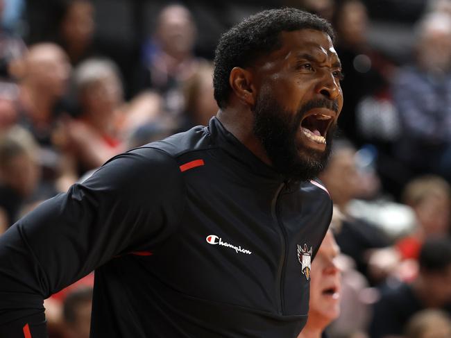 WOLLONGONG, AUSTRALIA - JANUARY 07: Justin Tatum, coach of the Hawks gives instructions from the bench during the round 15 NBL match between Illawarra Hawks and Tasmania Jackjumpers at WIN Entertainment Centre, on January 07, 2025, in Wollongong, Australia. (Photo by Darrian Traynor/Getty Images)