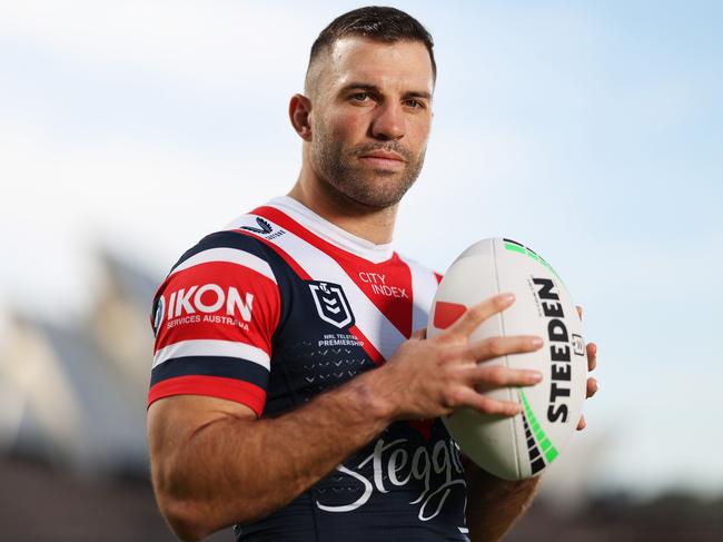 SYDNEY, AUSTRALIA - SEPTEMBER 09: James Tedesco of the Sydney Roosters poses during the 2024 NRL Telstra Premiership Finals Series Launch at Hickson Reserve on September 09, 2024 in Sydney, Australia. (Photo by Mark Metcalfe/Getty Images)