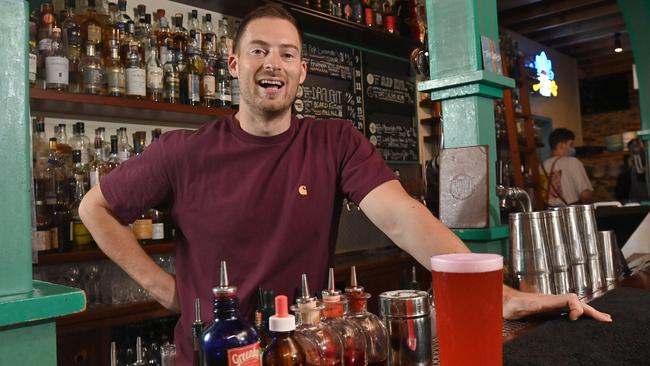 Hospitality business owner Oliver Brown, at his bar Nola Adelaide, ahead of Monday’s roundtable on the future of the CBD. Picture: Keryn Stevens