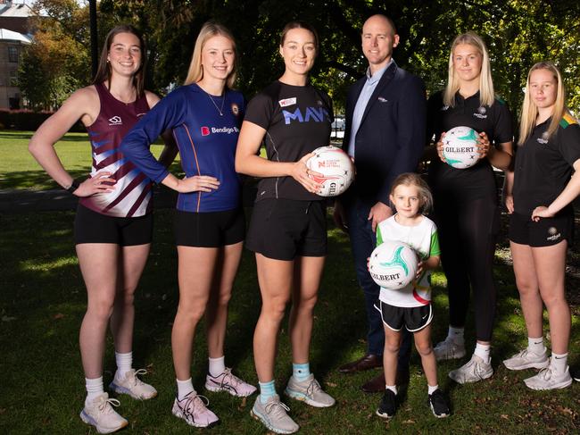 Outgoing Netball Tasmania CEO Mitch Coulson, with members of the state’s netball community. Picture: Linda Higginson
