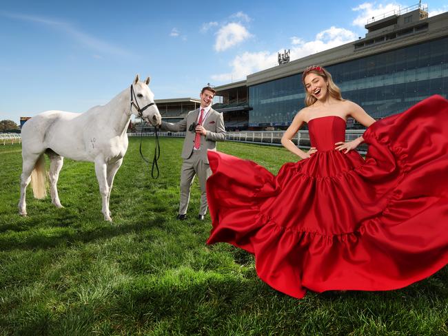 Caulfield Cup Ticket Release promo.Models Anna Lynn in a Jason Greco dress and Tate Short in an Arthur Galen suit with former race horse Bare at Caulfield Race Course.                       Picture: David Caird