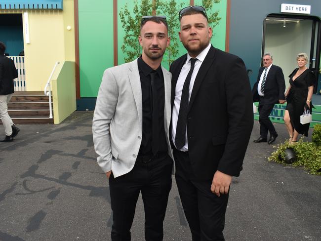 Guests in striking racewear at Penfolds Derby Day at the Flemington Racecourse on Saturday, November 02, 2024: Former Melbourne Victory player Marko Bulic and Jackson Maslaac. Picture: Jack Colantuono