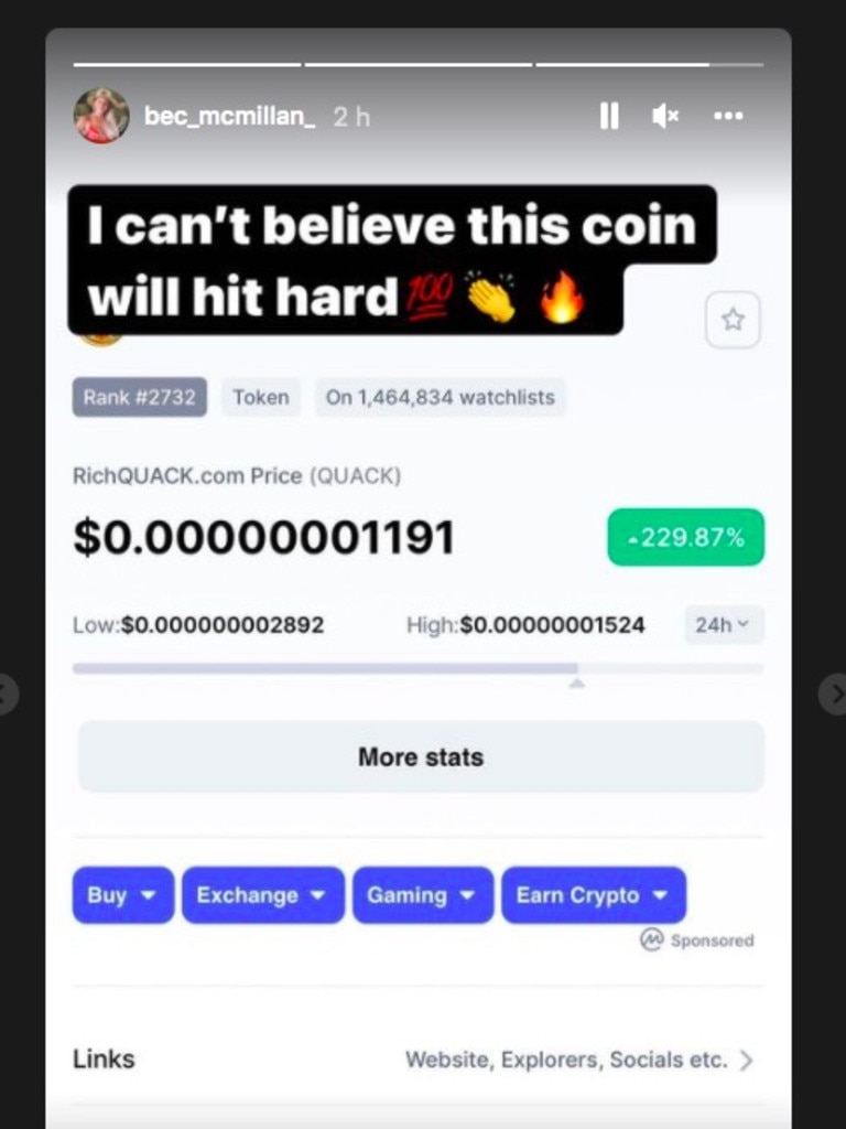 Her Instagram account is now filled with stories promoting a bogus cryptocurrency.