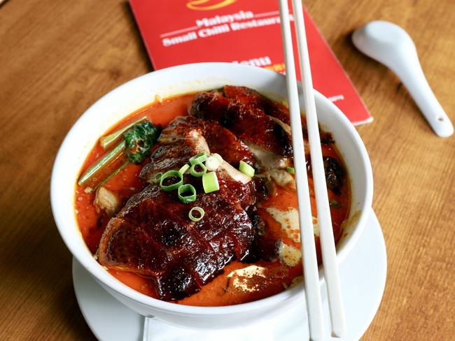 Laksa with crispy duck and greens. Picture: Jenifer Jagielski