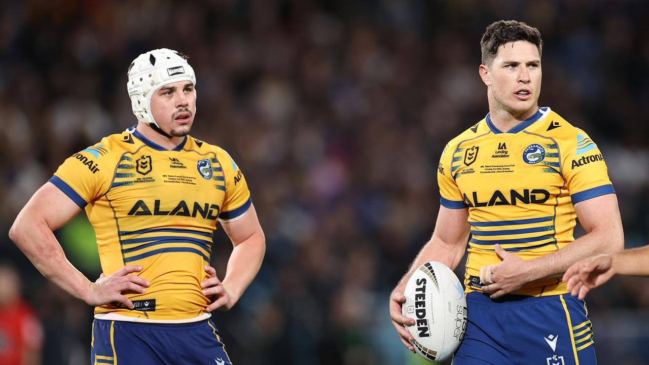 SYDNEY, AUSTRALIA - OCTOBER 02: Reed Mahoney and Mitchell Moses of the Eels look on during the 2022 NRL Grand Final match between the Penrith Panthers and the Parramatta Eels at Accor Stadium on October 02, 2022, in Sydney, Australia. (Photo by Cameron Spencer/Getty Images)