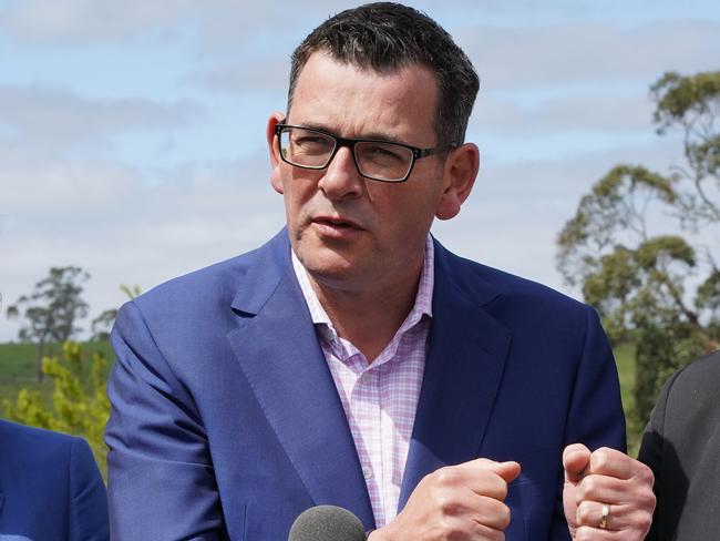 Premier Daniel Andrews speaks at a press conference today. AAP Image/Alex Murray