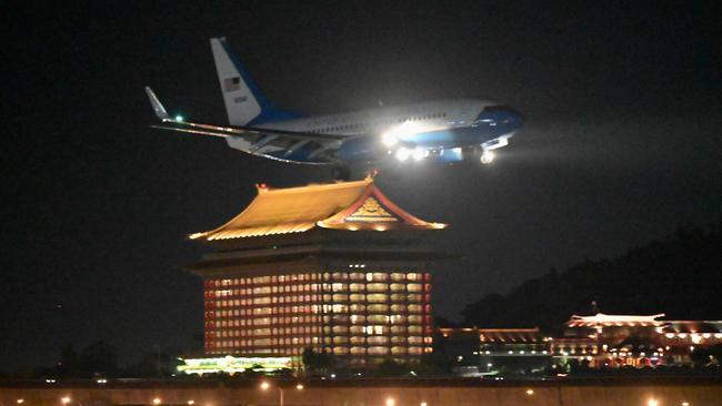 A US military aircraft with US House Speaker Nancy Pelosi on board prepares to land at Sungshan Airport in Taipei on Wednesday. Picture: AFP