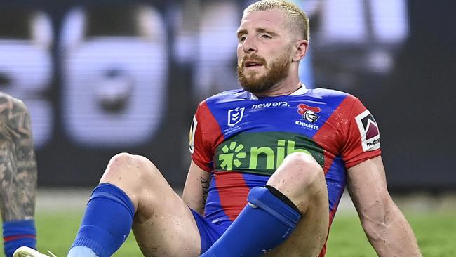 TOWNSVILLE, AUSTRALIA - MARCH 16: Jackson Hastings of the Knights looks dejected after losing the round two NRL match between North Queensland Cowboys and Newcastle Knights at Qld Country Bank Stadium, on March 16, 2024, in Townsville, Australia. (Photo by Ian Hitchcock/Getty Images)