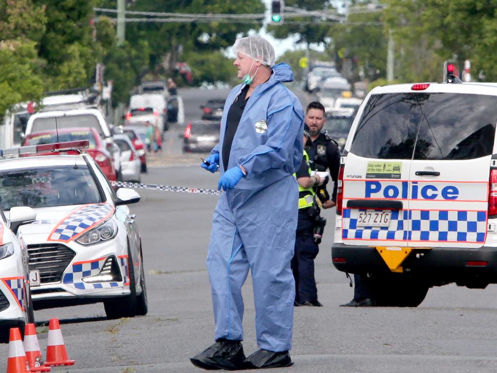 Police at the scene of the homicide in Ronald St Wynnum on Wednesday. A man has been charged over the death of the 45-year-old man. Picture: Steve Pohlner