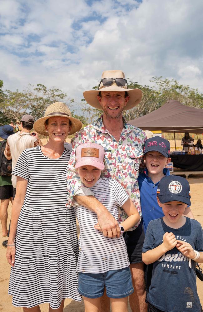 Jemma Martin, Bernie Martin, Sophie Martin, Tom Martin and Ben Martin from Gunnedah NSW at the Darwin Beer Can Regatta at Mindil Beach, 2023. Picture: Pema Tamang Pakhrin