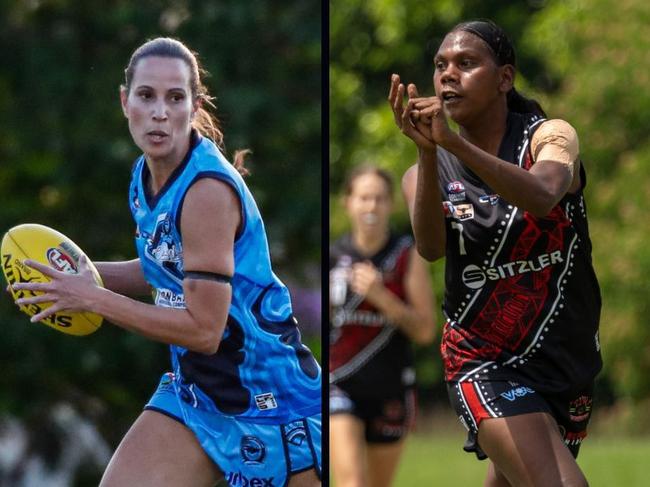 Kylie Duggan of the Darwin Buffaloes and Maria Rioli of the Tiwi Bombers in the 2024-25 NTFL season.