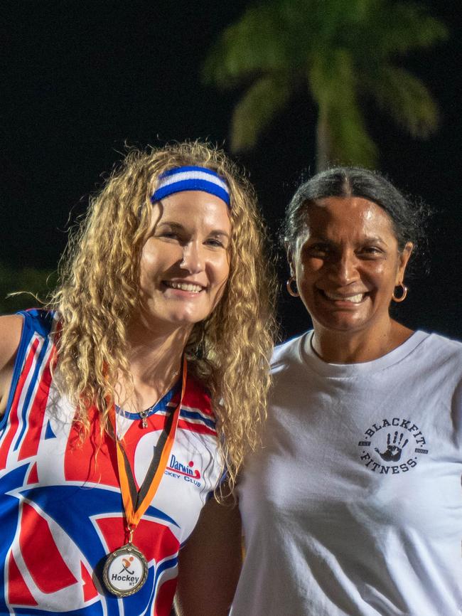 Storm captain Jessica Martin-Brown with Kookaburras hockey legend and Territorian Nova Peris. Martin-Brown was crowned the 2021 Darwin Hockey League women’s best-and-fairest player. Picture: Paul Markou