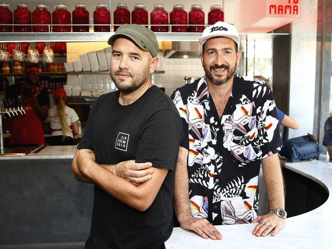 L to R: Mat Lindsay and  Russell Beard and  at their new Restaurant  "Shwarmama" in Commonwealth street in Surry Hills. Smashing Dishes. Picture: John Appleyard