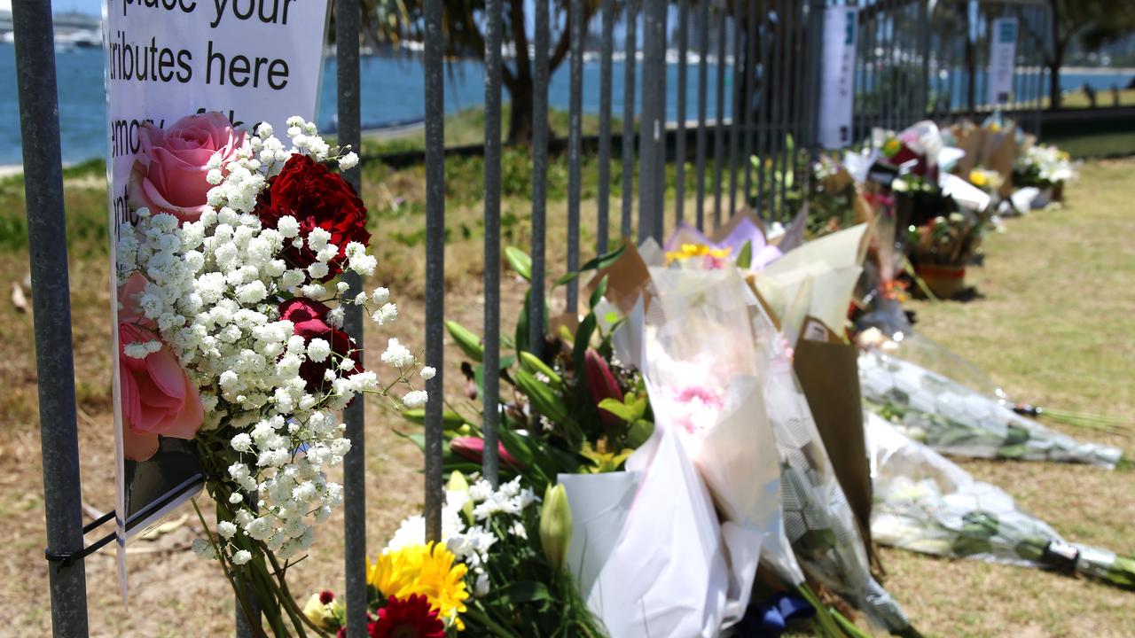 Bunches of flowers and tributes at the memorial site in the Broadwater Parklands on the Gold Coast. Picture: NCA NewsWire / David Clark