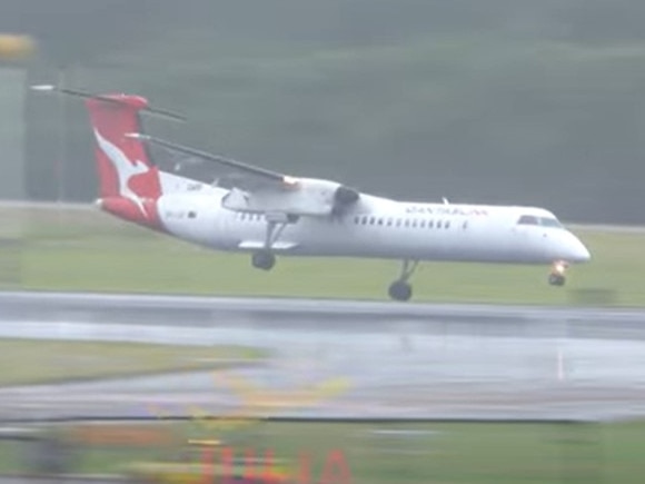 A Qantas pilot made a tough landing in cyclonic conditions at Brisbane on Saturday. Picture: YouTube