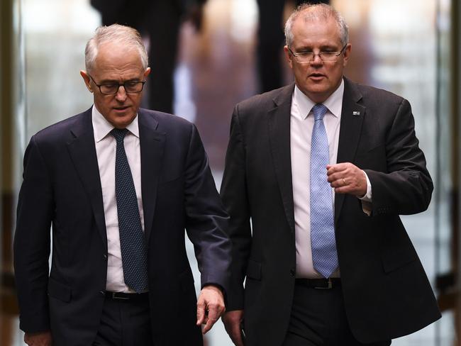 Malcolm Turnbull and Scott Morrison leaving the House of Representatives together on August 23 — the day that marked the beginning of the end for Turnbull,  Picture: Lukas Coch