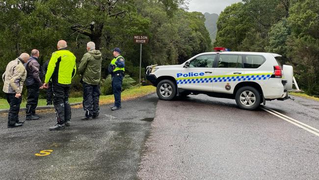 Tasmania Police have set up a road block on the Lyell Highway at Nelson River. Photo: James Bresnehan