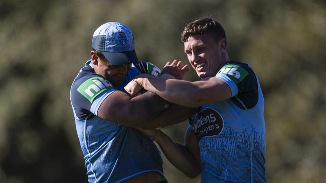 Latrell Mitchell (L) and Jack Wighton (R) wrestle during a New South Wales Blues State of Origin training session. Picture: Brook Mitchell/Getty Images