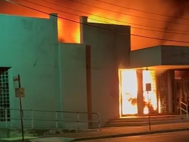 The Adass Israel Synagogue of Melbourne burns after being firebombed.