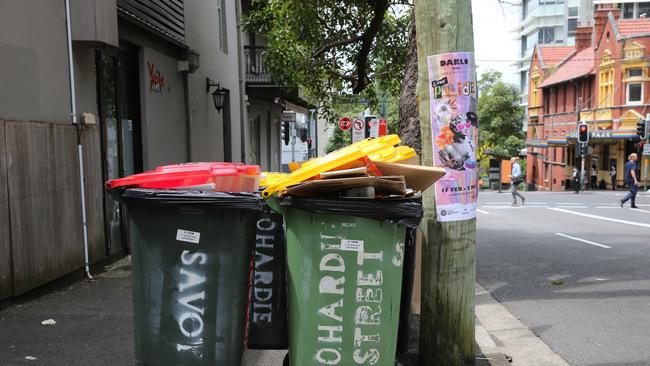 SYDNEY, AUSTRALIA - Newswire photos FEBUARY 08 2022: A view of bins out full of rubbish waiting to be emptied in Darlinghurst as the waste workers strike continues leaving the streets of the city of Sydney overrun with rubbish. Picture: NCA Newswire / Gaye Gerard